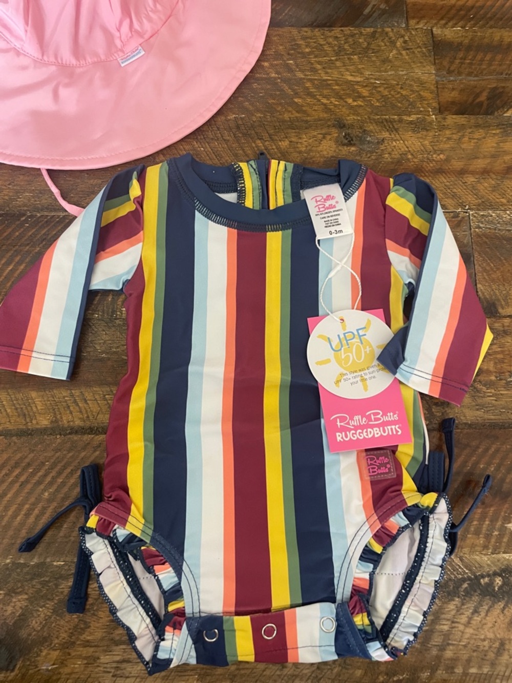 Ruffle Butts Pink Sun Hat with Multi-Color Striped Rash Guard Set